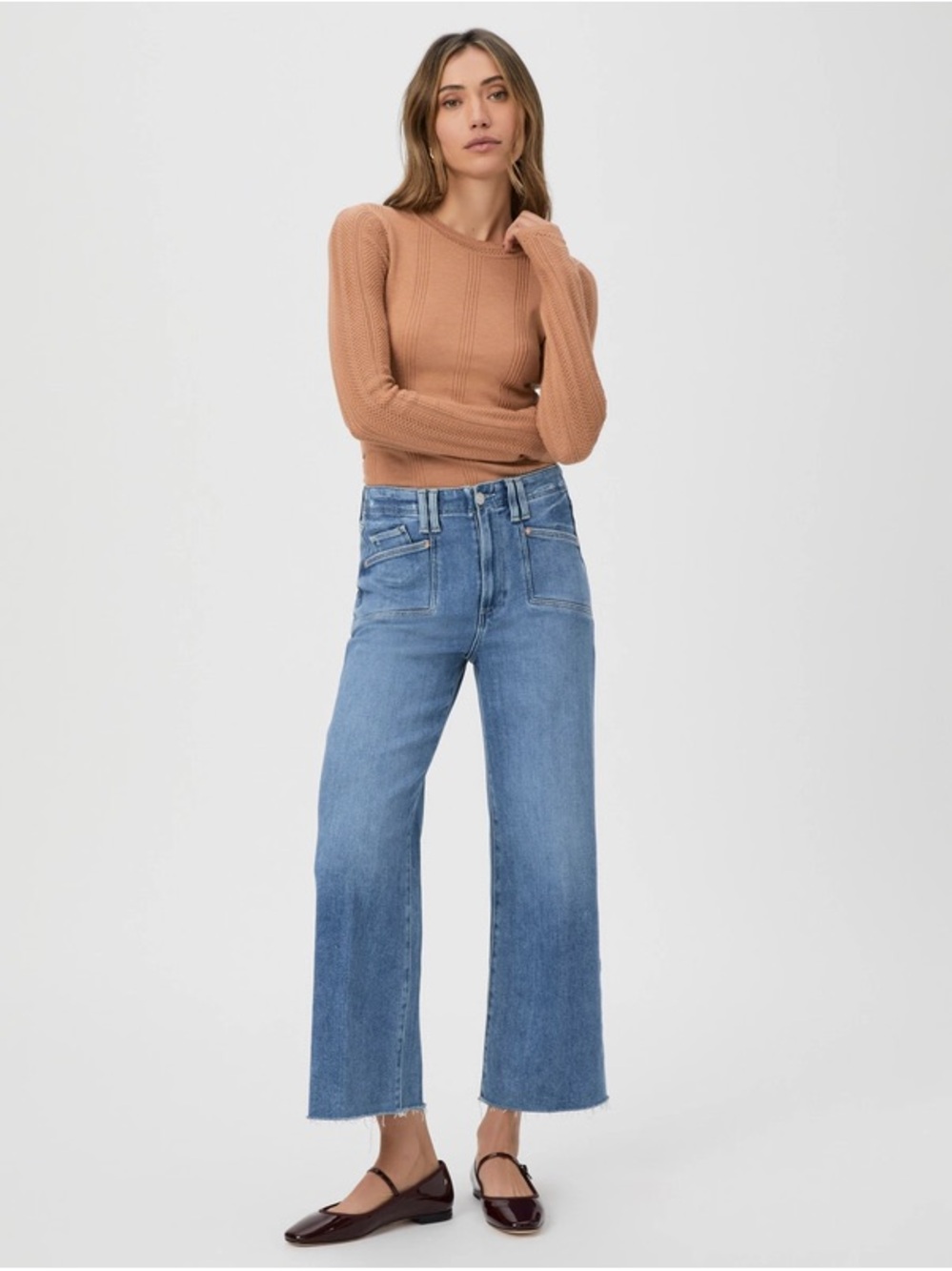 PAIGE Medium Blue High Rise Wide-Leg Crop Jeans with Raw Hem 26